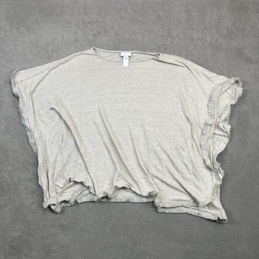J. Jill Linen Poncho Top Women M/L Beige Fringed Hem Boat Neck Short Sleeve